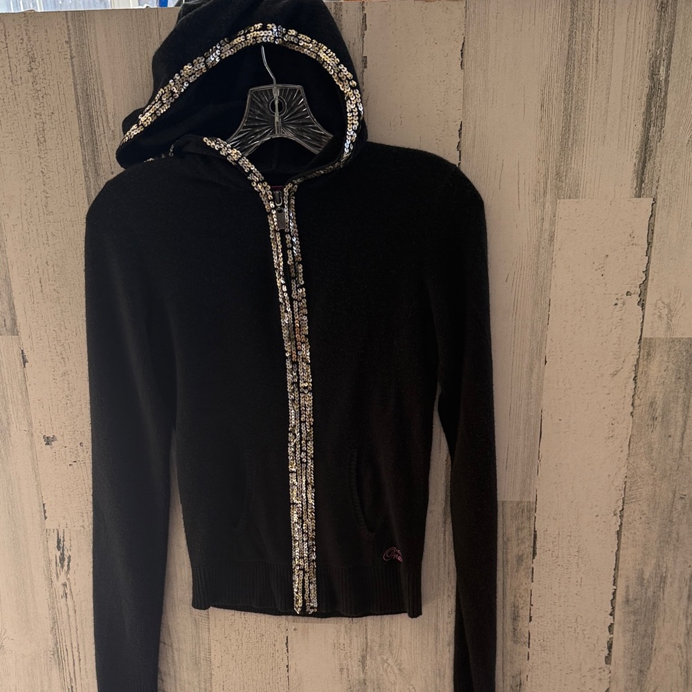 O'Neill Black Retro zip up hoodie.  Silver and gold sequin embellishments.